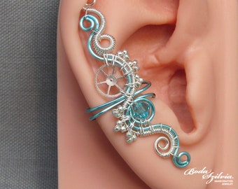 steampunk ear cuff with crystal, no piercing ear cuff for cosplay, silver and blue steampunk jewelry, gift for her