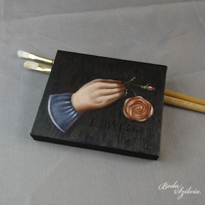 Small Dark Academia Oil Painting: Hand Holding Rose, Gothic Decor