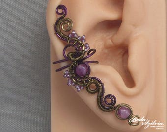 wire wrapped amethyst ear cuff, bronze and purple ear wrap with amethyst, February birthstone jewelry for her