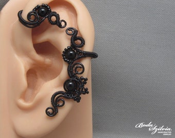 draht gewickelt no piercing ohrring mit schwarzem onyx, gothic ohrring für sie, handgemacht