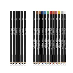 Pode incluir: Uma coleção de lápis de delineador da marca L3VEL3 em várias cores. Os lápis são pretos com pontas codificadas por cores e o nome da marca e o número do produto impressos na lateral. A imagem mostra uma gama de tons, incluindo preto, castanho, azul, verde, vermelho e amarelo.