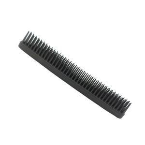 May include: A black comb with fine teeth, angled diagonally against a white background. The comb's teeth are evenly spaced and extend from a rectangular base. This hair care tool is designed for styling and grooming.