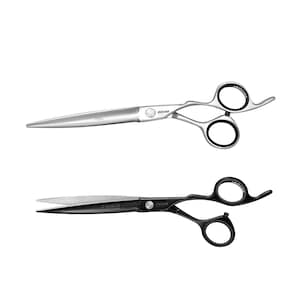 May include: Two pairs of professional hair shears. One pair is silver with black finger holes and the word "JAGUAR" on the handle. The other pair is black with silver blades and the word "JAGUAR" on the handle.