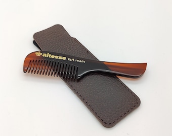 Hand-sawn acetate beard comb - Natural beard care for men - with small protective cover for storage - Barber