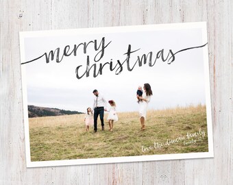 Photo Christmas Card : Merry Christmas Simple Brush Font Custom Photo Holiday Card Printable, Happy Holidays, Christmas Card, White Border