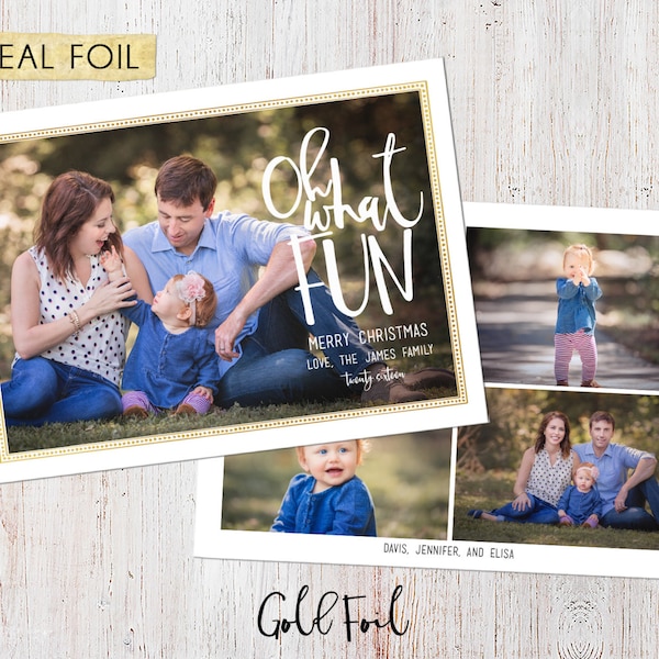 Photo Christmas Card : REAL FOIL Oh What Fun Brush Stroke Custom Photo Holiday Card Printable, Front and Back Design, Rose Gold