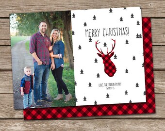 Photo Christmas Card Template: Buffalo Plaid Deer Silhouette Merry Christmas Custom Photo Holiday Card Printable, Photographer Template