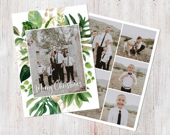 Photo Christmas Card Template: Merry Christmas Simple & Bold Botanical Tropical Palm Leaves Watercolor Custom Photo Holiday Card Printable