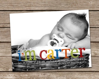 Birth Announcement : Hello Carter Baby Boy Custom Photo Birth Announcement