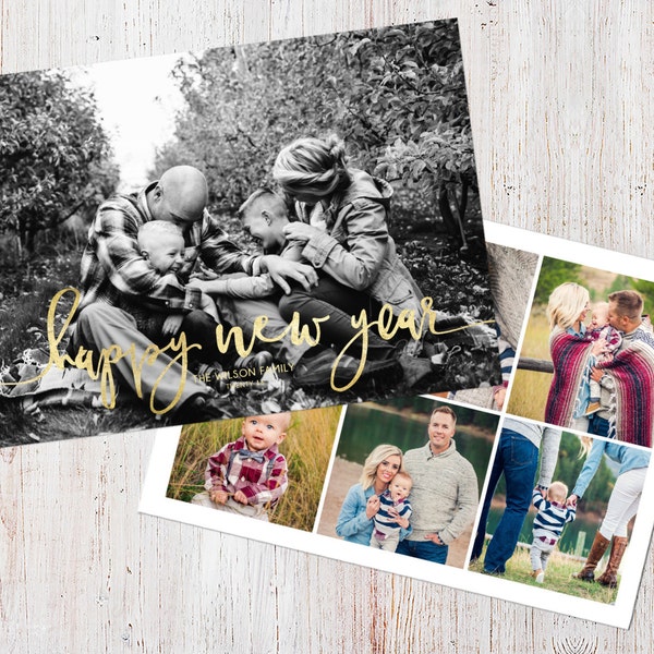 Photo New Year Card Template: Happy New Year Script Custom Photo Holiday Card Printable