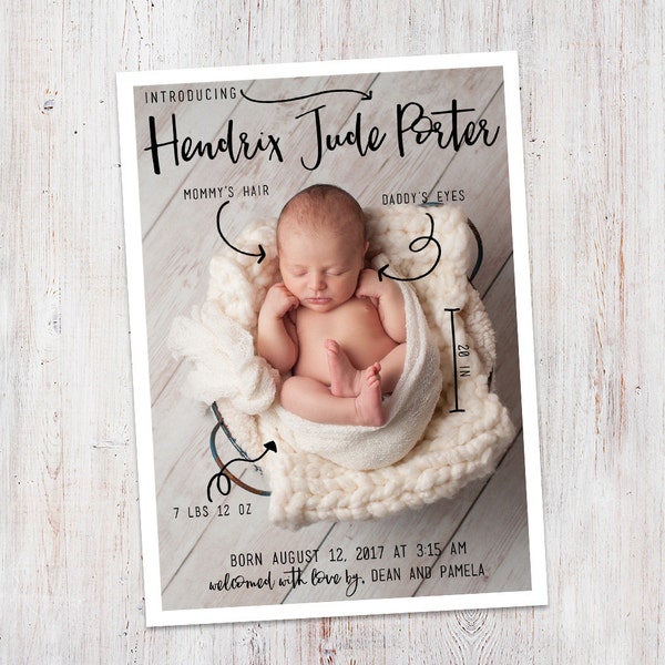 Birth Announcement : Baby Stats Introducing Hendrix Baby Boy Custom Photo Birth Announcement - Baby Announcement - Photo Announcement