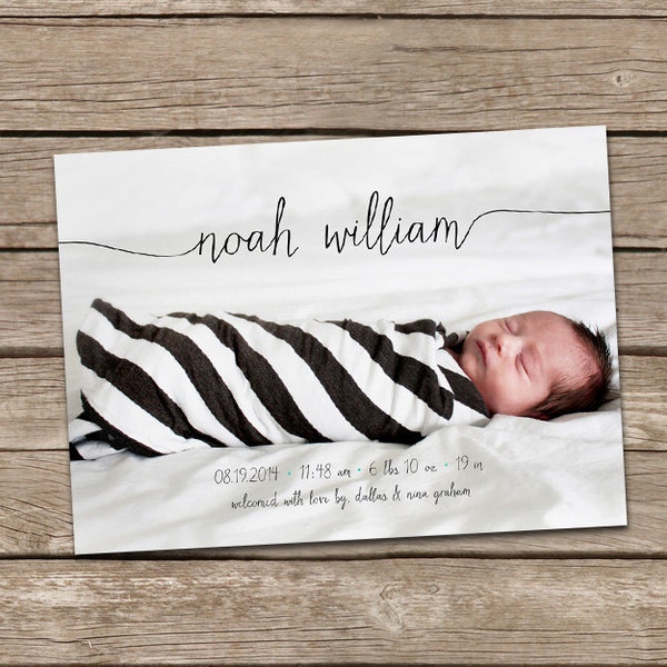 Birth Announcement : Noah Baby Boy Script Custom Photo Birth Announcement