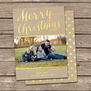 Photo Christmas Card Template: Gold Foil Faux Effect Merry Christmas Custom Photo Holiday Card Printable