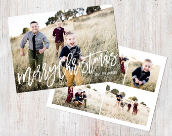 Photo Christmas Card Template: Merry Christmas Happy Holidays Brush Font Custom Photo Holiday Card Printable