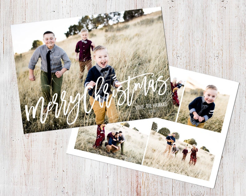 Photo Christmas Card Template: Merry Christmas Happy Holidays Brush Font Custom Photo Holiday Card Printable 