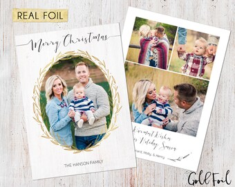Photo Christmas Card : REAL FOIL Merry Christmas Wreath Brush Stroke Custom Photo Holiday Card Printable, Front and Back Design, Rose Gold