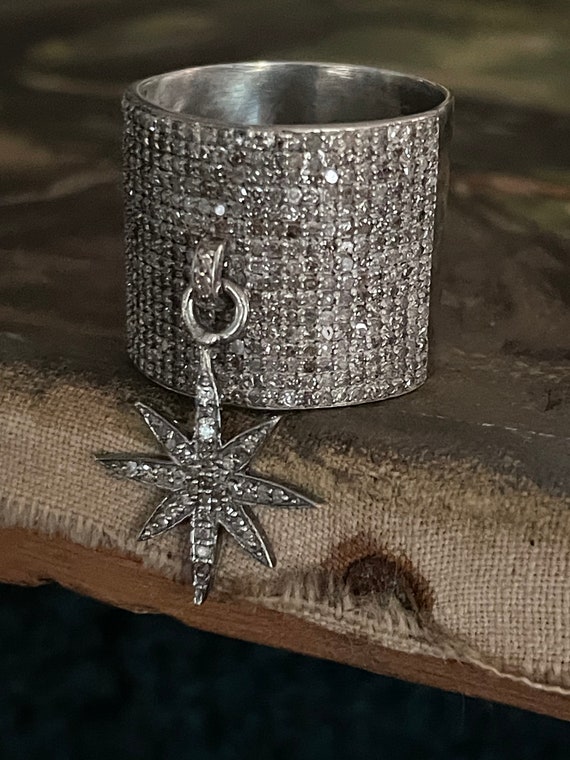 Vintage Diamond Star Ring – Sterling Silver Statement Ring – Size 9 – Dangling Star Charm