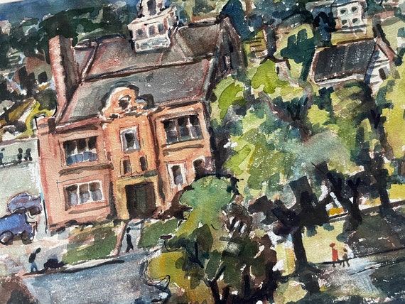 Vintage Mid-Century Watercolor “School” – Signed John Davies ’58 – Framed Town Scene