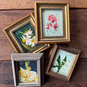 Set of 4 Vintage Floral Oil Paintings – Hand-Painted Flowers by Month – Small Wall Art