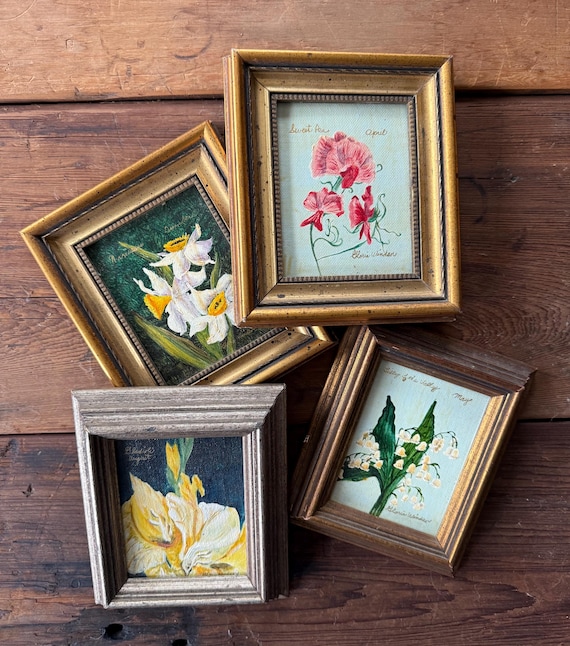 Set of 4 Vintage Floral Oil Paintings – Hand-Painted Flowers by Month – Small Wall Art