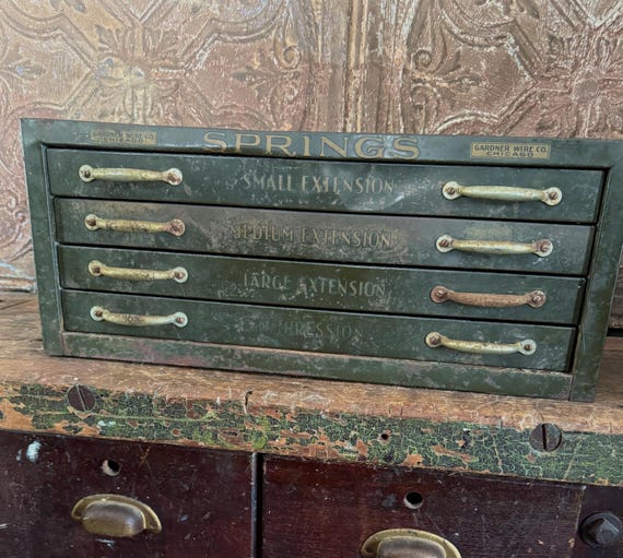 Vintage Industrial Metal Drawer Cabinet – Gardner Wire Co. – Green Steel Storage with Labeled Drawers