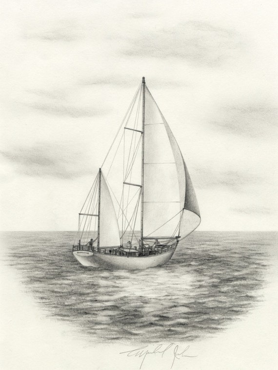 Sailboat original pencil drawing | Etsy