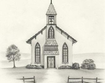 Dibujo a lápiz de una iglesia rural