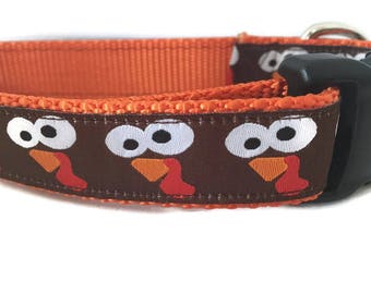 Thanksgiving Dog Collar, Turkey Faces, 1 inch wide, adjustable; plastic or metal side release buckle, or chain martingale