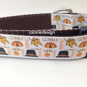 Thanksgiving Dog Collar, Gobble Hats and Leaves, 1 inch wide, adjustable; plastic or metal side release buckle, or chain martingale