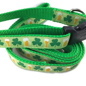 Dog Collar and Leash, Shamrocks and Beer, 4ft or 6ft leash, 1 inch wide, adjustable collar with plastic buckle, metal buckle, or chain image 2