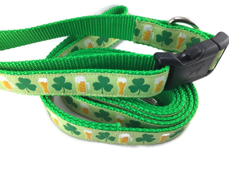 Dog Collar and Leash, Shamrocks and Beer, 4ft or 6ft leash, 1 inch wide, adjustable collar with plastic buckle, metal buckle, or chain image 2