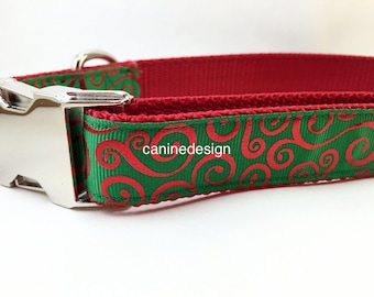 Christmas Dog Collar, Swirl on Green, 1 inch wide, adjustable; plastic or metal side release buckle, or chain martingale
