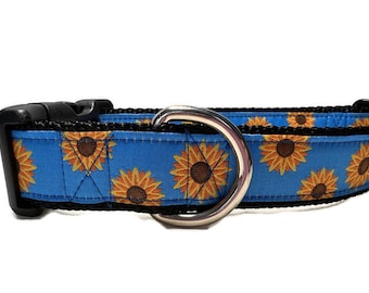 Dog Collar, Sunflowers, 1 inch wide, adjustable; plastic or metal side release buckle, or chain martingale