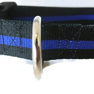 Police Dog Collar – Thin Blue Line Design – 1&quot; Wide, Adjustable in S-XL – Handmade with Plastic, Metal, or Chain Buckle Option