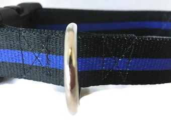 Police Dog Collar – Thin Blue Line Design – 1&quot; Wide, Adjustable in S-XL – Handmade with Plastic, Metal, or Chain Buckle Option