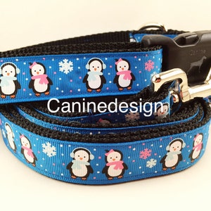 Christmas Dog Collar and Leash, Blue Penguins, 4ft or 6ft leash, 1 inch wide, adjustable collar with plastic buckle, metal buckle, or chain