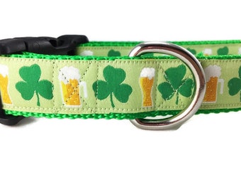 St Patricks Dog Collar, Shamrocks and Beer, adjustable, 1 inch, medium, 13-19 inches, heavy nylon, side release buckle