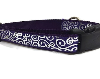 Dog Collar, Purple Swirls, 1 inch wide, adjustable; plastic or metal side release buckle, or chain martingale