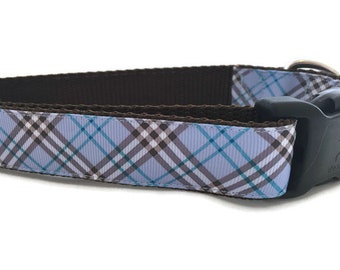 Dog Collar, Blue Plaid, 1 inch wide, adjustable, quick release, large, 15-22 inches