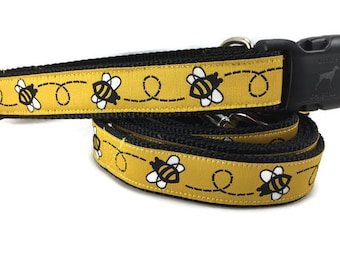 Dog Collar and Leash, Bumblebee, 4ft or 6ft leash, 1 inch wide, adjustable collar with plastic buckle, metal buckle, or chain