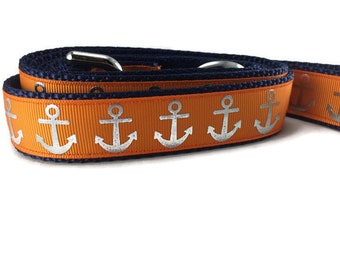 Dog Collar, Foil Anchors Orange, 1 inch wide, adjustable; plastic or metal side release buckle, or chain martingale