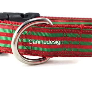 Christmas Dog Collar, Christmas Stripes,  1 inch wide, adjustable, buckle, metal buckle, martingale, chain, nylon