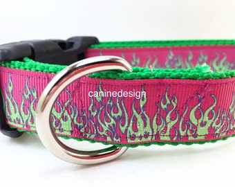 Dog Collar, Fuschia Flames, 1 inch wide, adjustable, quick release buckle, metal buckle, chain, martingale, hybrid, heavy nylon, red, yellow