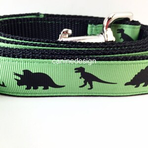 Dog Collar and Leash, Green Dinosaur, Dino, 4ft or 6ft leash, 1 inch wide, adjustable collar with plastic buckle, metal buckle, or chain image 1