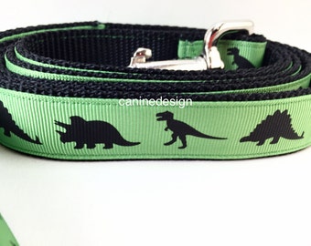 Dog Collar and Leash, Green Dinosaur, Dino, 4ft or 6ft leash, 1 inch wide, adjustable collar with plastic buckle, metal buckle, or chain