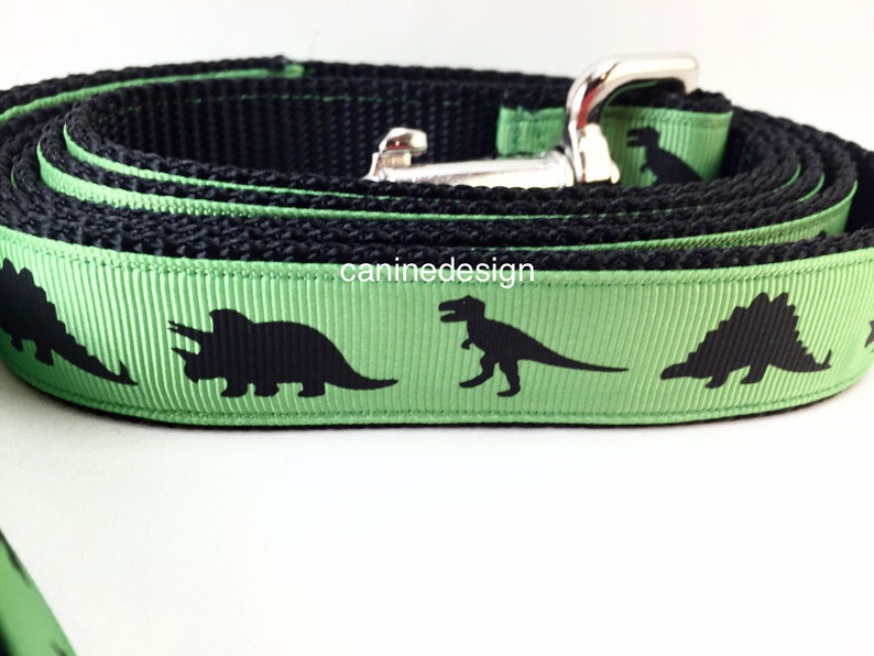 Dog Collar and Leash, Green Dinosaur, Dino, 4ft or 6ft leash, 1 inch wide, adjustable collar with plastic buckle, metal buckle, or chain image 1