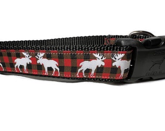 Dog Collar, Plaid Moose, 1 inch wide, adjustable, quick release, metal buckle, martingale, chain, hybrid, custom