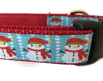 Christmas Dog Collar and Leash, Snowmen, 6ft lead, 1 inch wide, adjustable, quick release, metal buckle, chain, martingale, hybrid