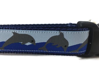Dog Collar, Dolphins, 1 inch wide, adjustable, quick release, metal buckle, chain, martingale, hybrid, nylon