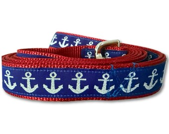 Navy Anchor Dog Leash – 4ft or 6ft – Optional Padded Handle – Nautical Nylon Leash with Metallic Accents